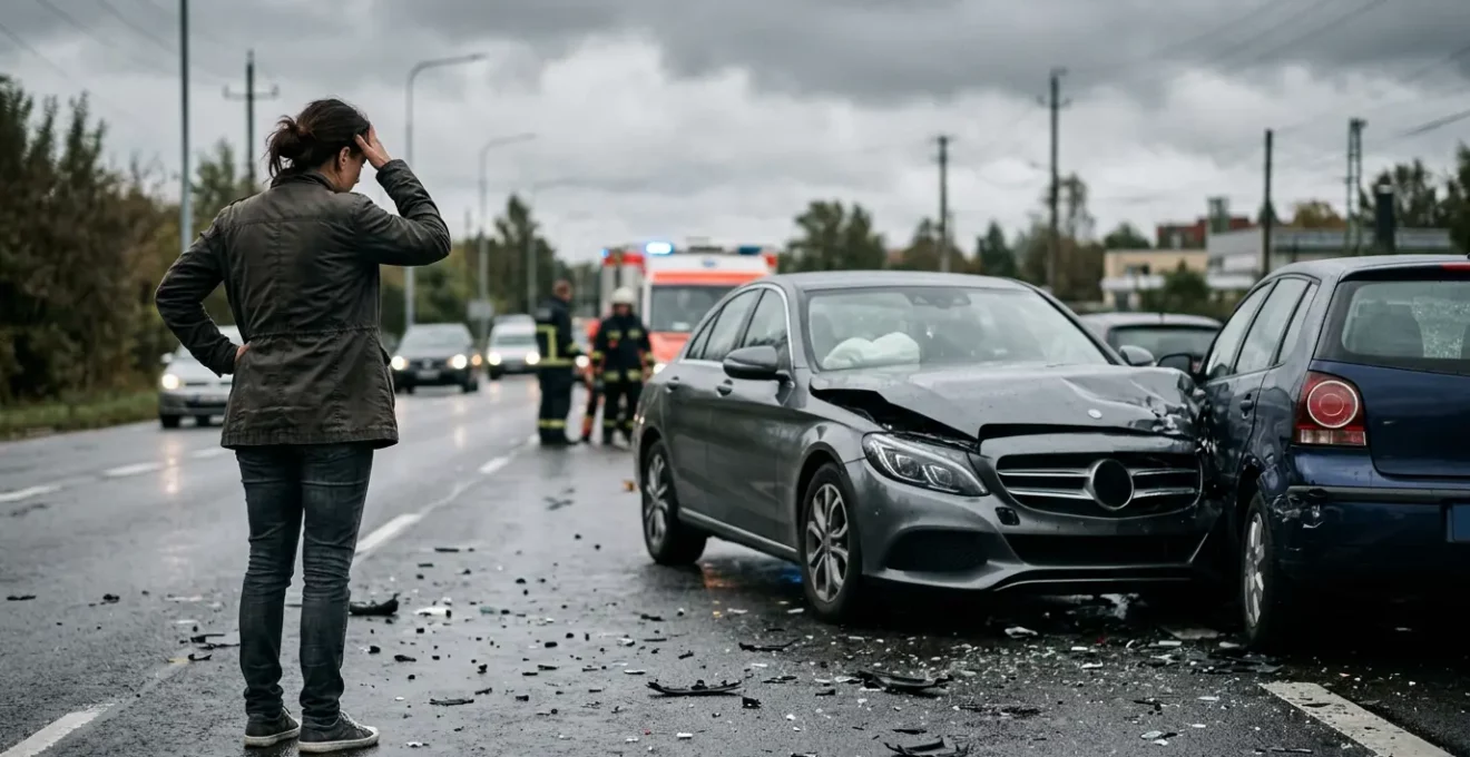 Scène d'accident automobile avec conducteur face aux conséquences de l'assurance au tiers