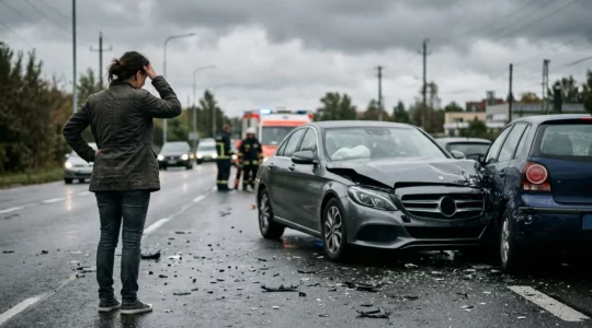 Scène d'accident automobile avec conducteur face aux conséquences de l'assurance au tiers