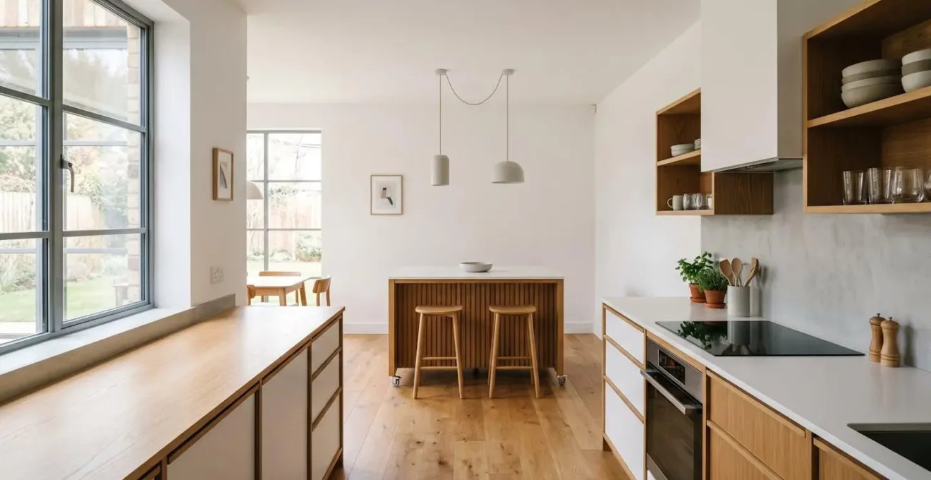 Vue d'ensemble d'une cuisine moderne avec des aménagements réversibles