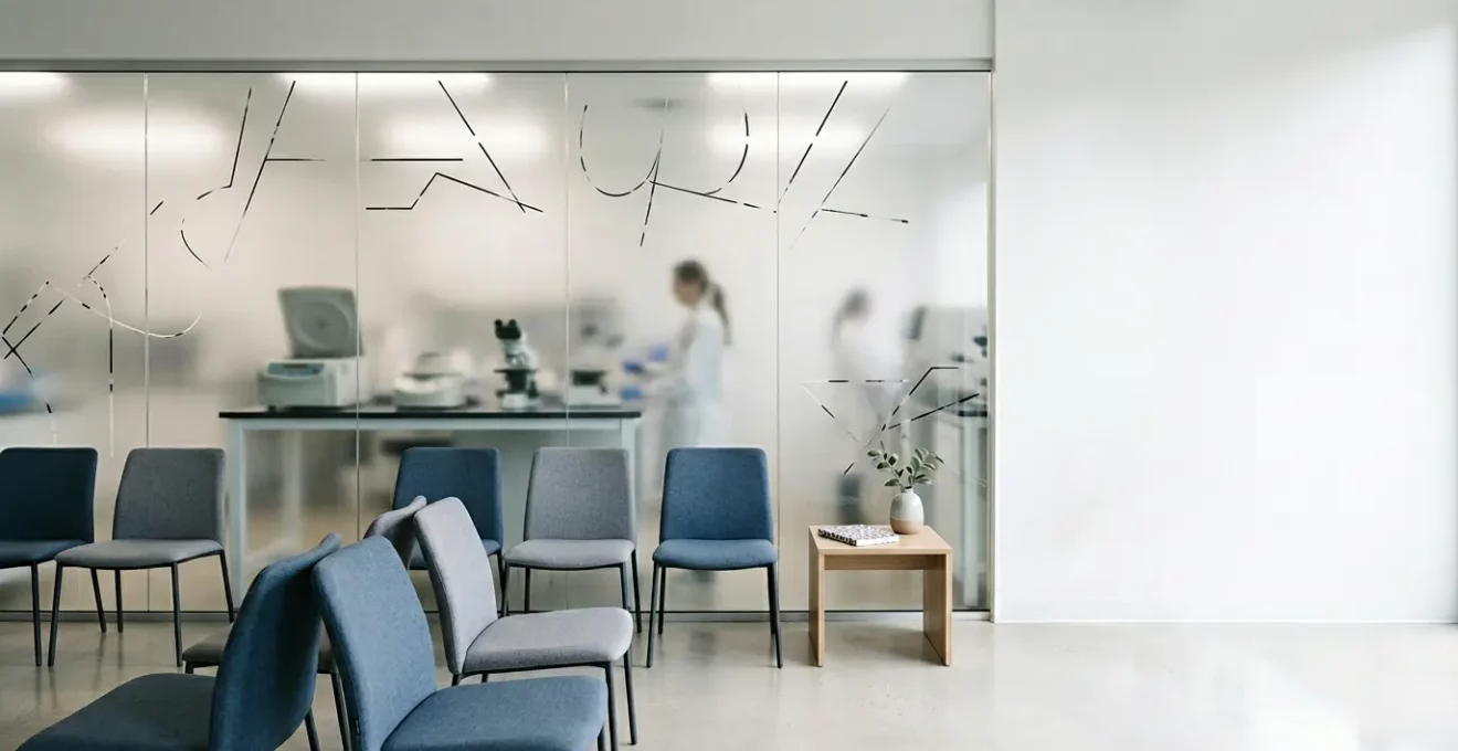 Salle d'attente moderne de laboratoire d'analyses médicales avec ambiance calme et professionnelle