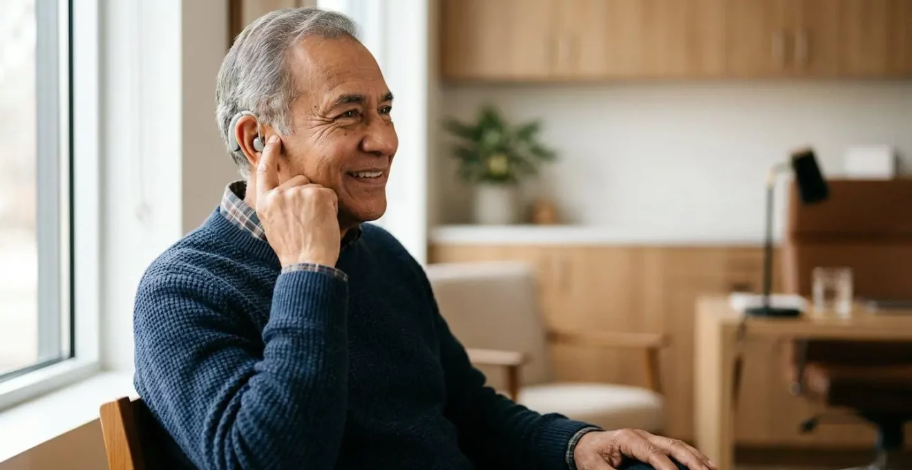 Personne âgée souriante portant un appareil auditif moderne et discret, symbolisant l'accès facilité aux soins auditifs grâce aux réformes de remboursement