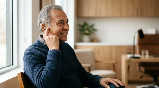 Personne âgée souriante portant un appareil auditif moderne et discret, symbolisant l'accès facilité aux soins auditifs grâce aux réformes de remboursement