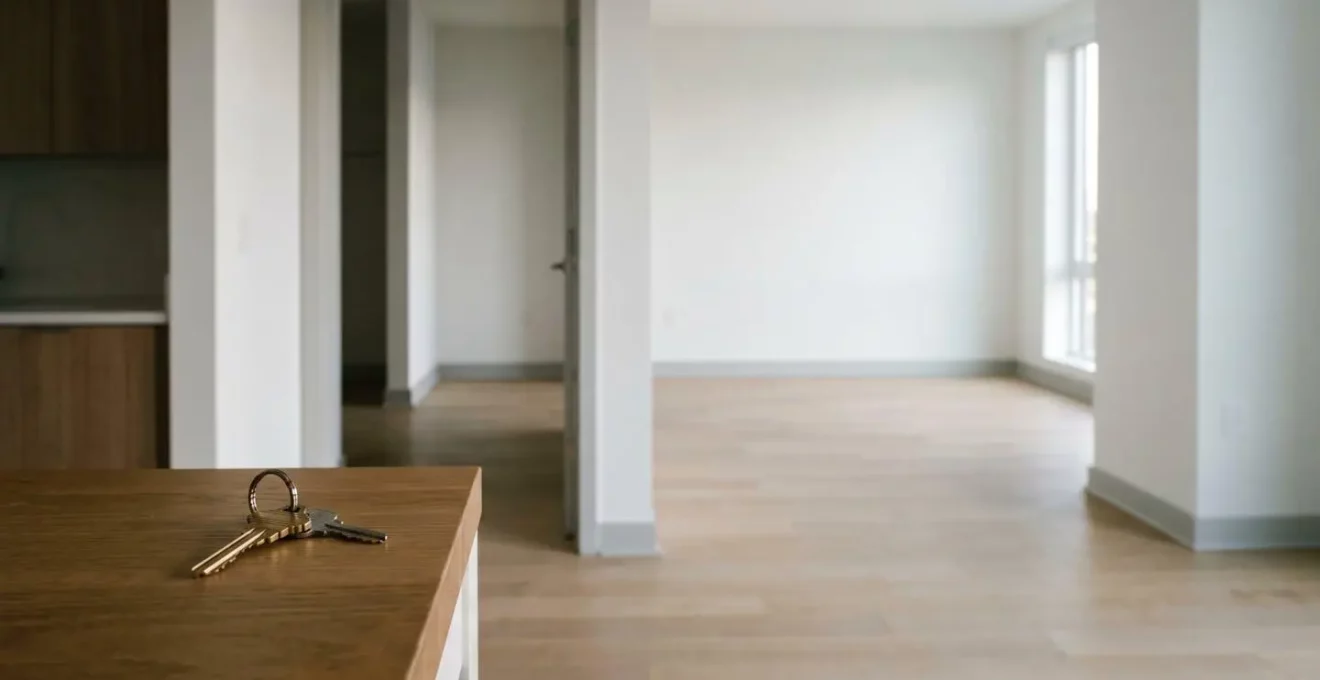 Vue d'ensemble d'un appartement vide abandonné avec clés posées sur comptoir