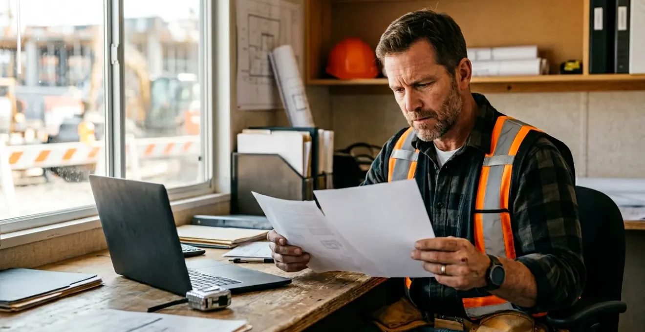 Artisan du bâtiment consultant des documents d'assurance dans un environnement professionnel