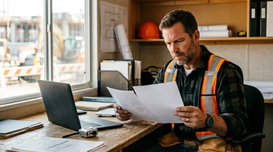 Artisan du bâtiment consultant des documents d'assurance dans un environnement professionnel