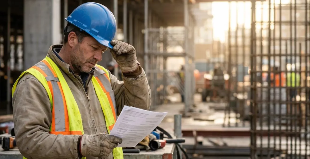 Artisan consultant des documents d'assurance décennale sur un chantier avec des outils de construction et des plans en arrière-plan