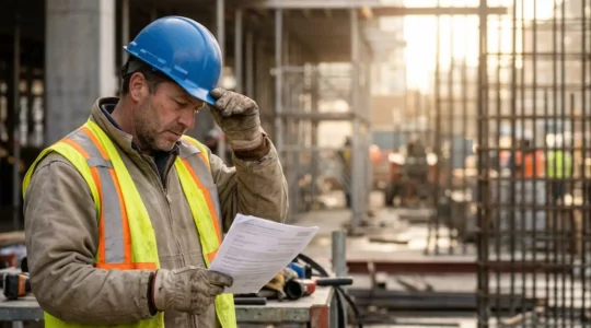 Artisan consultant des documents d'assurance décennale sur un chantier avec des outils de construction et des plans en arrière-plan