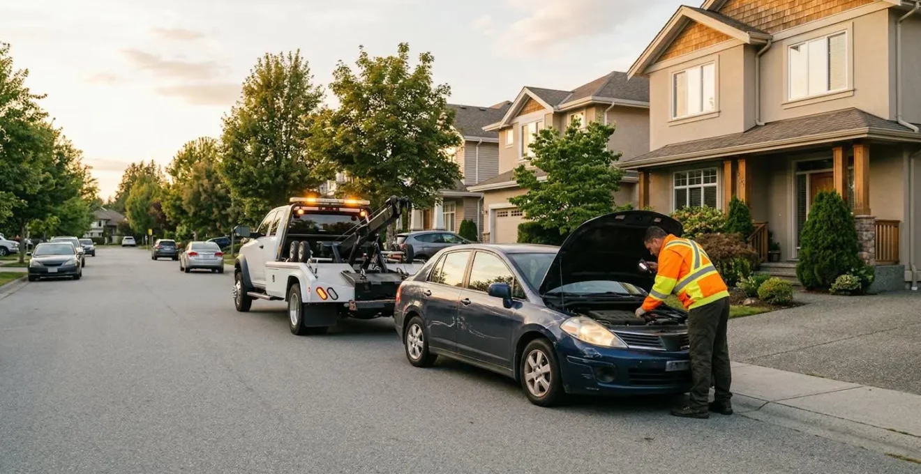 Véhicule de dépannage intervenant pour une panne automobile à proximité d'une résidence