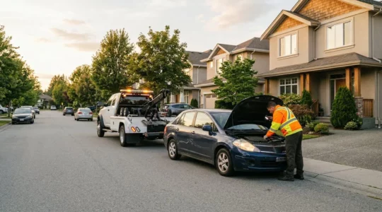 Véhicule de dépannage intervenant pour une panne automobile à proximité d'une résidence