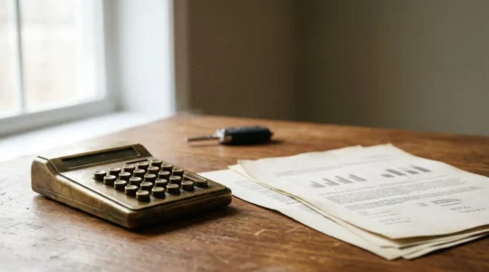 Calculatrice et documents d'assurance automobile illustrant le calcul du point de bascule financier