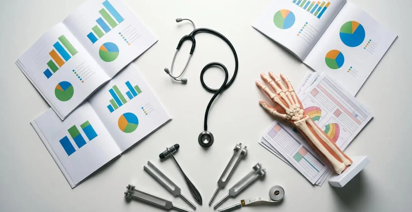 Documents médicaux avec graphiques et barèmes d'évaluation d'incapacité, stéthoscope posé sur bureau médical
