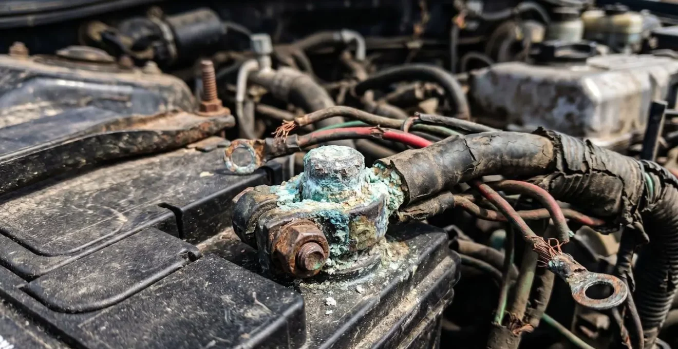 Gros plan sur une batterie de voiture ancienne avec composants électroniques visibles