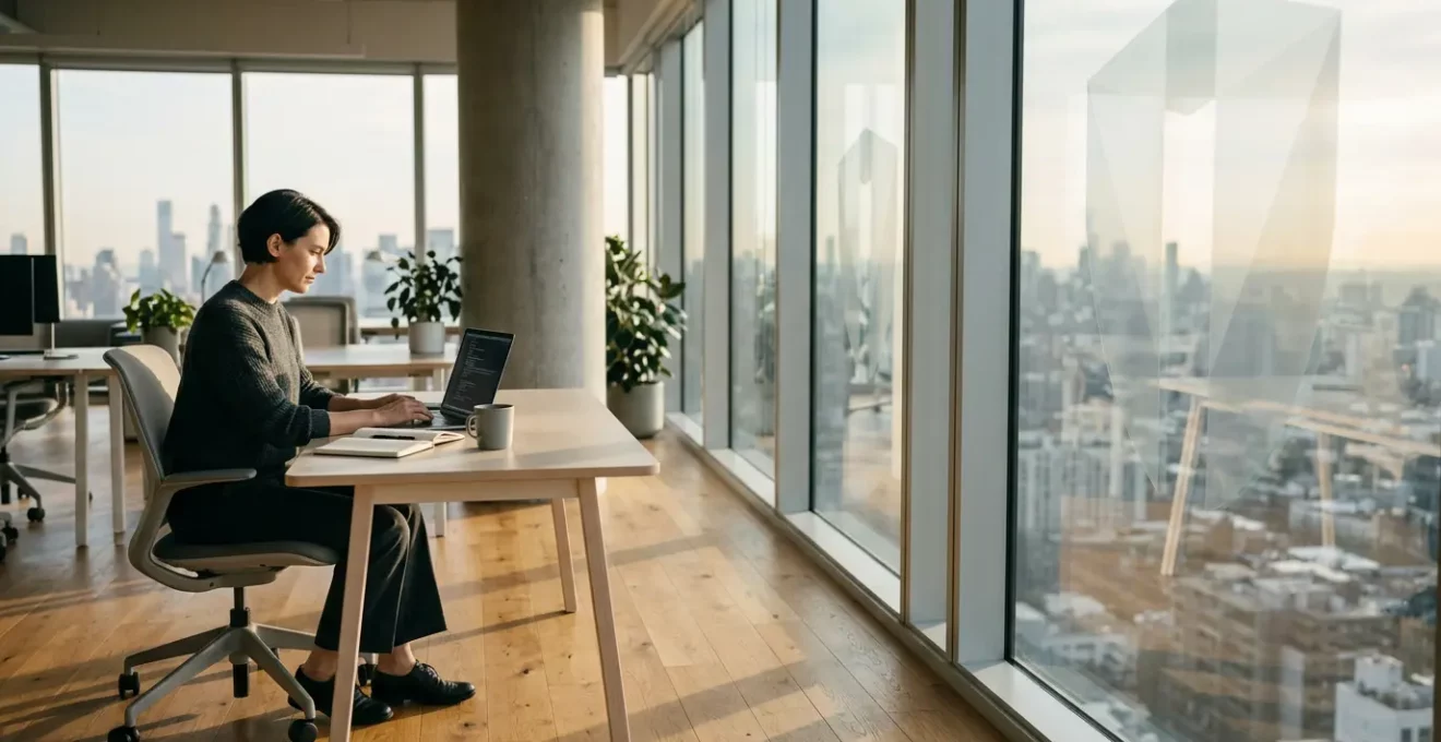 Professionnel indépendant travaillant sereinement dans son bureau moderne avec symbole de protection