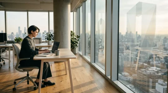 Professionnel indépendant travaillant sereinement dans son bureau moderne avec symbole de protection