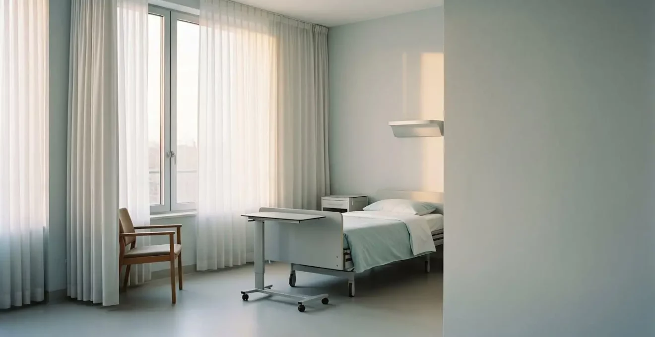 Environnement hospitalier minimaliste évoquant l'intimité d'une chambre particulière