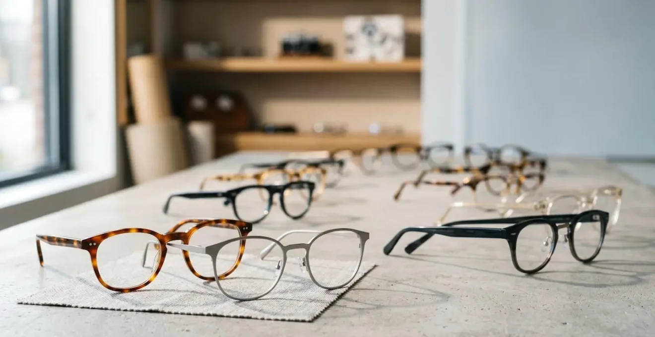 Diversité de montures de lunettes présentées dans un espace lumineux