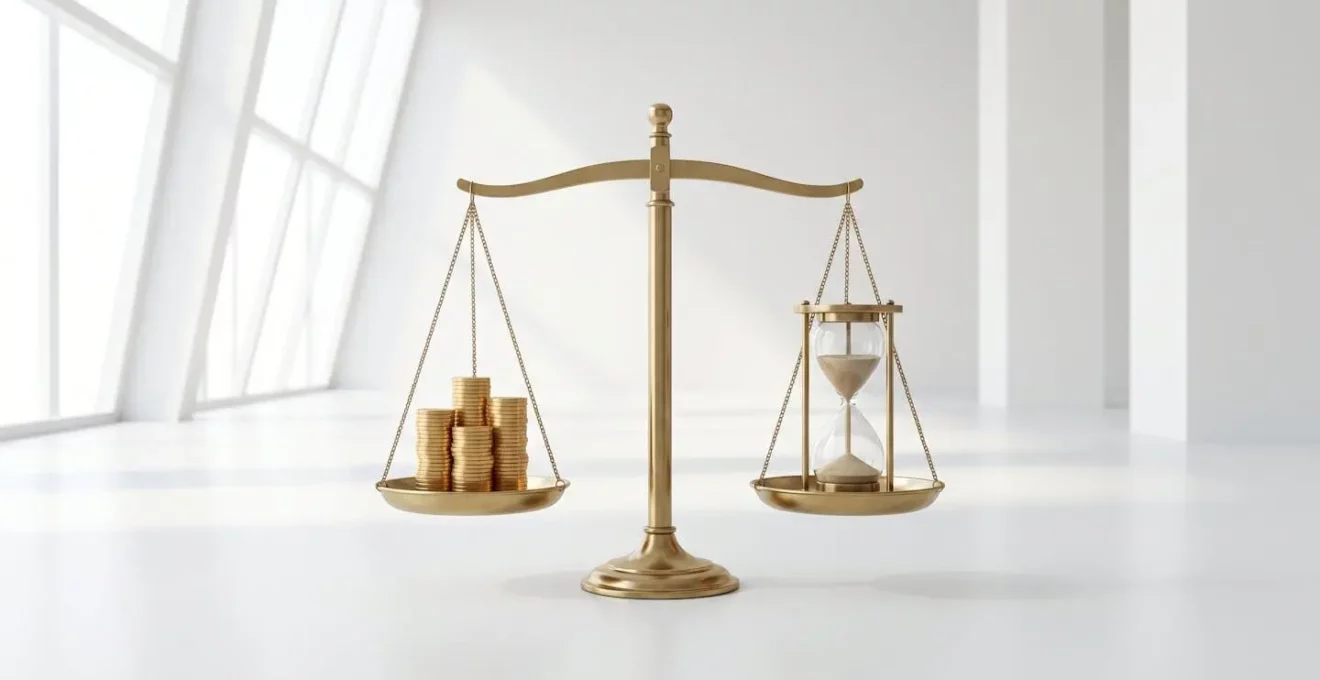 Balance équilibrée entre pièces d'or et sablier symbolisant le choix capital versus rente