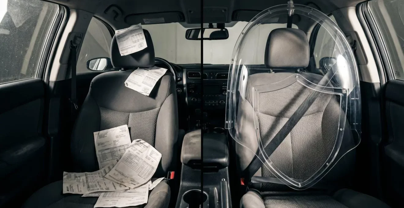 Contraste visuel entre la protection du passager et l’absence de couverture du conducteur responsable