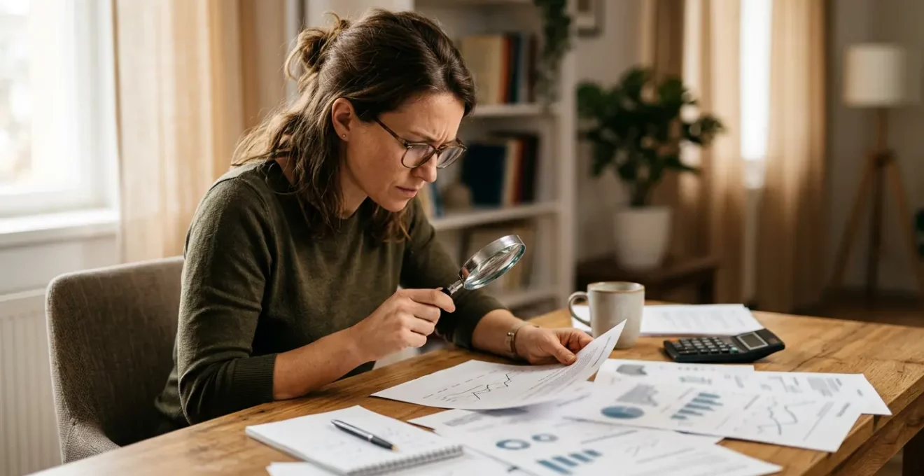 Conducteur examinant attentivement son contrat d'assurance automobile avec une loupe, documents éparpillés sur un bureau en bois
