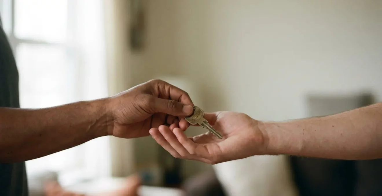 Deux mains se rejoignant autour d'un trousseau de clés symbolisant le partage et la confiance