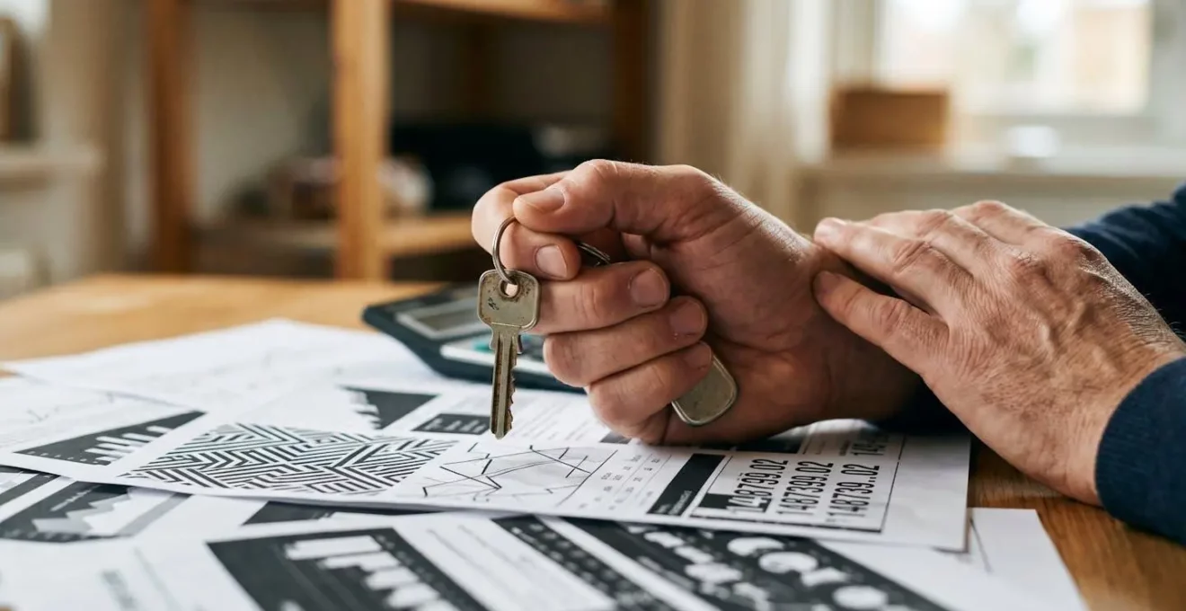 Clés de maison posées sur documents avec calculatrice montrant des calculs complexes