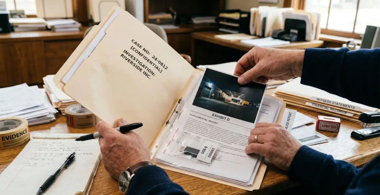 Gros plan sur des mains organisant des documents et des preuves pour constituer un dossier