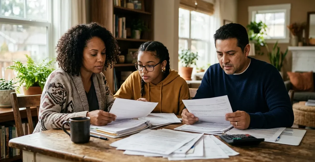 Une famille attablée examine attentivement des documents de santé avec une calculatrice, dans un intérieur chaleureux et lumineux