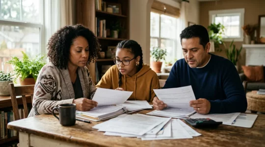 Une famille attablée examine attentivement des documents de santé avec une calculatrice, dans un intérieur chaleureux et lumineux