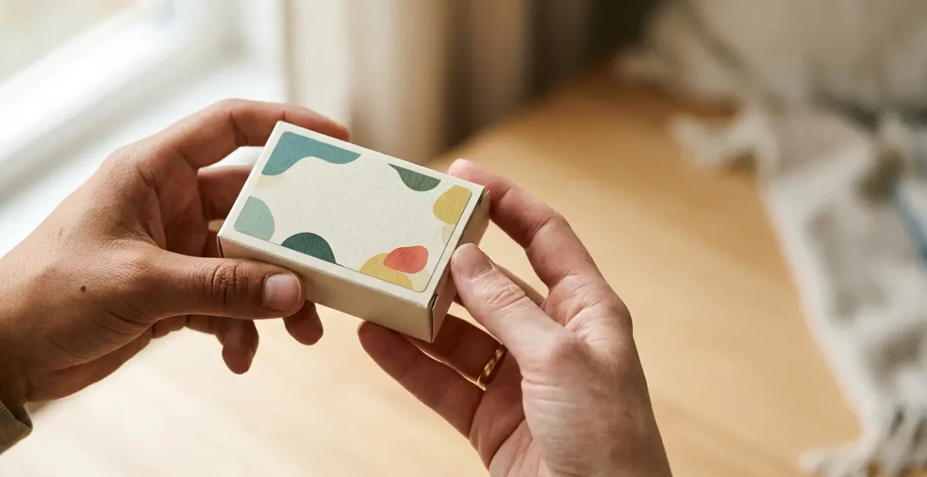 Gros plan sur une main tenant une boîte de médicaments avec une vignette de remboursement, illustrant le système de franchise médicale en France