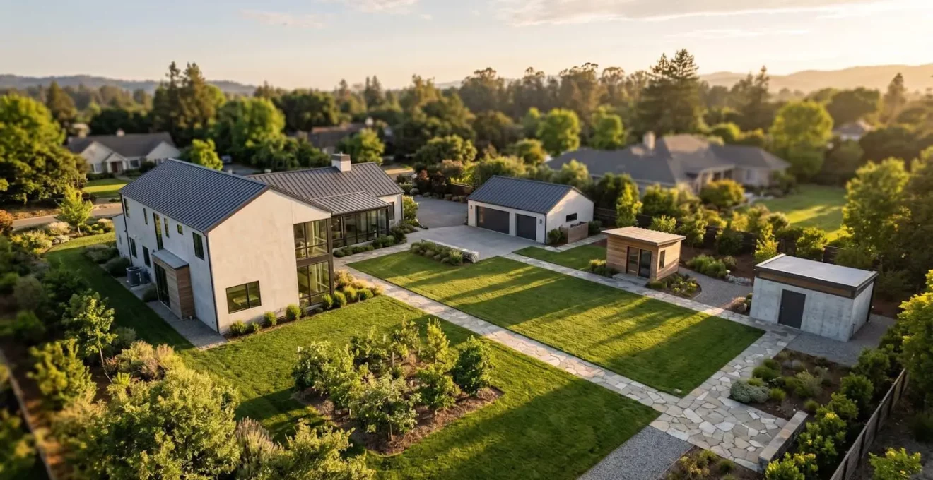 Vue d'ensemble d'une maison avec ses dépendances extérieures comme un garage et un abri de jardin