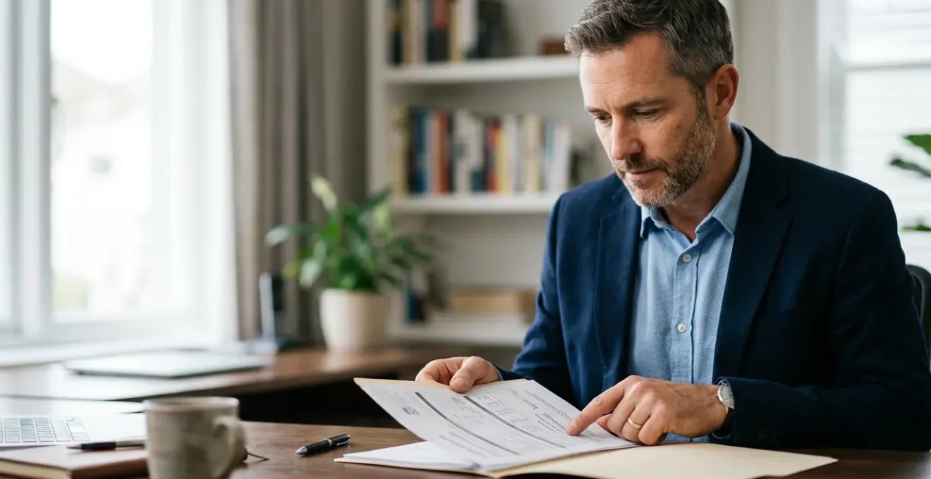 Propriétaire analysant un dossier de location avec documents financiers et contrat CDD sur table de bureau
