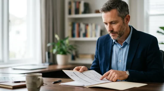 Propriétaire analysant un dossier de location avec documents financiers et contrat CDD sur table de bureau