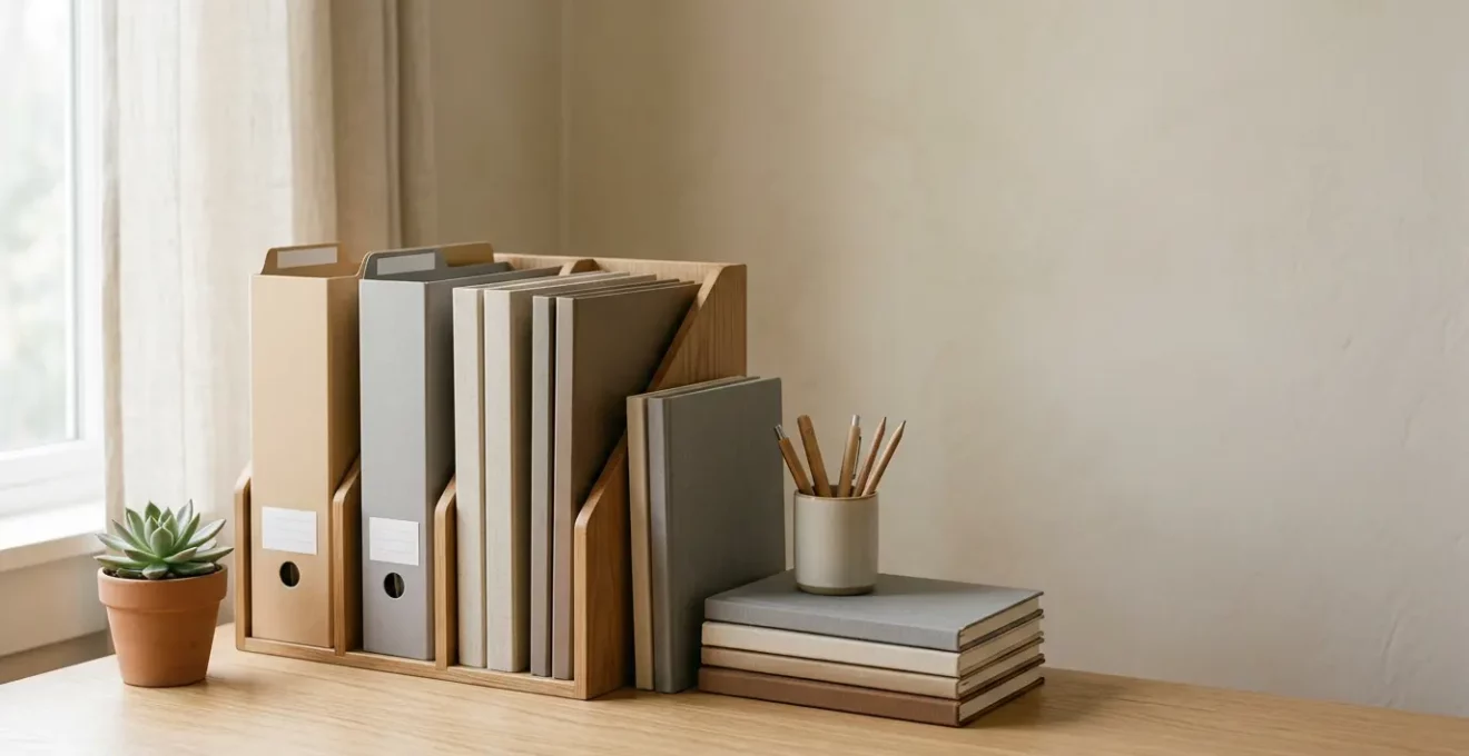 Bureau organisé avec classement de documents administratifs et système de rangement pour dossiers d'assurance