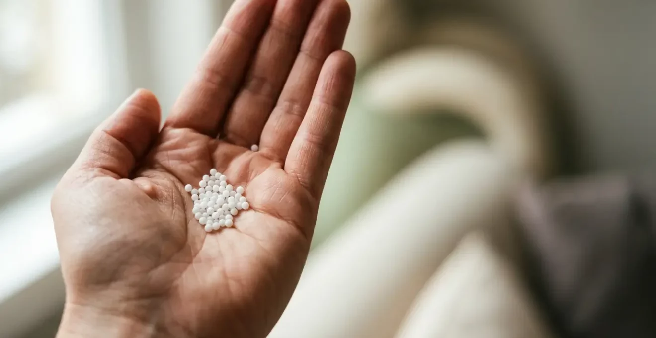 Main tenant des granules homéopathiques avec symboles de protection santé en arrière-plan