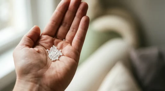 Main tenant des granules homéopathiques avec symboles de protection santé en arrière-plan