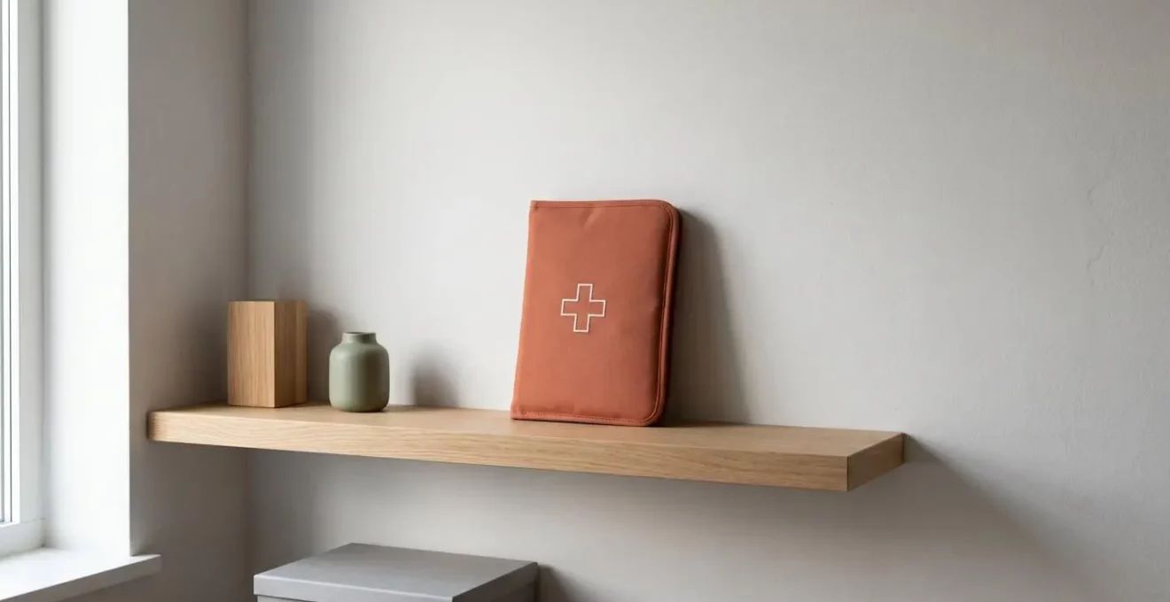 Espace de rangement organisé avec pochette d'urgence contenant documents importants dans environnement épuré