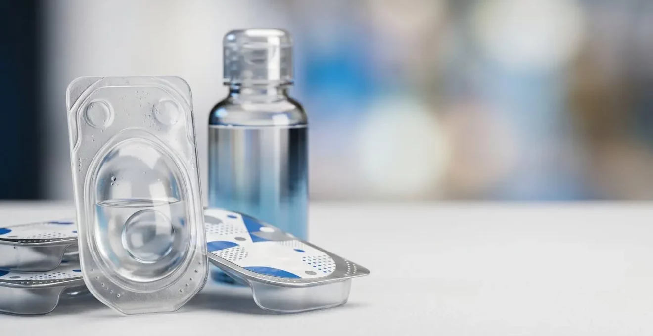 Arrangement minimaliste de boîtes de lentilles de contact avec solutions d'entretien
