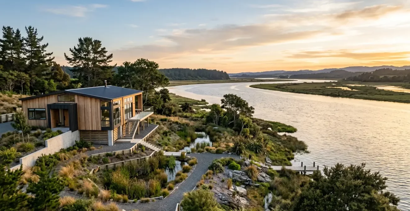 Maison moderne en zone inondable avec mesures de protection contre les inondations