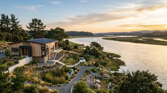 Maison moderne en zone inondable avec mesures de protection contre les inondations