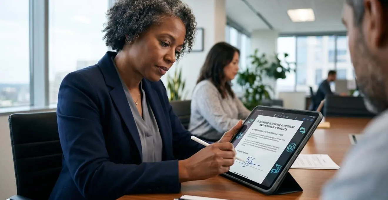 Personne signant électroniquement un mandat de résiliation sur tablette avec symboles de transfert