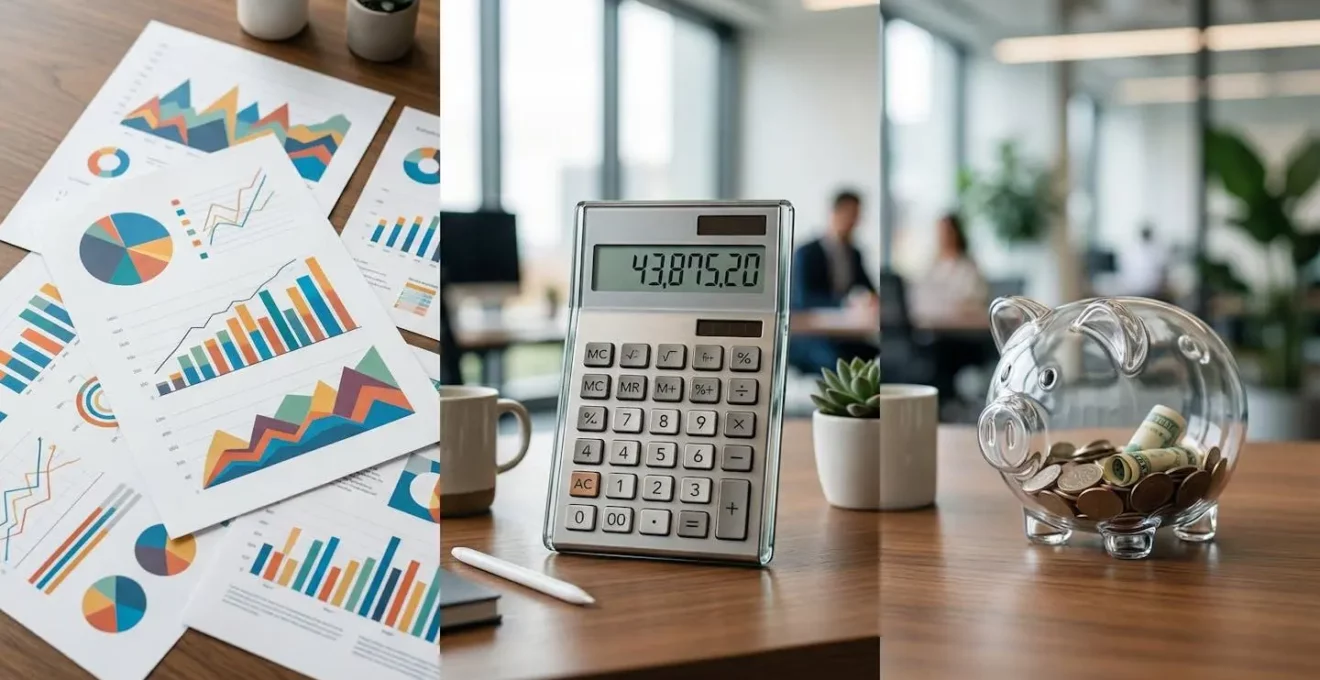 Bureau moderne avec documents fiscaux et calculatrice montrant des économies d'impôts