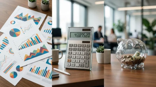 Bureau moderne avec documents fiscaux et calculatrice montrant des économies d'impôts