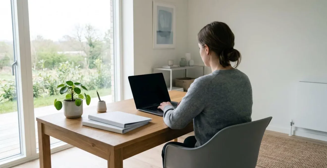 Une personne concentrée navigue sur un ordinateur portable dans un bureau organisé avec des dossiers rangés