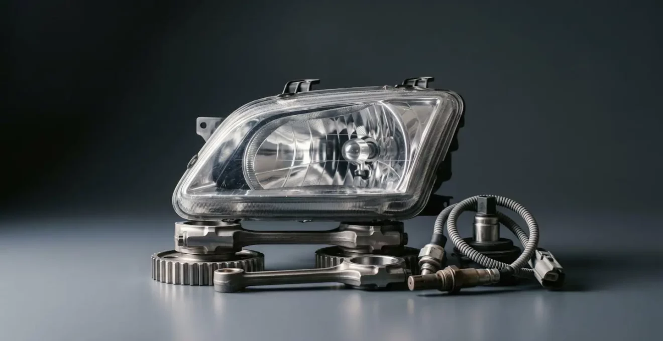 Composants automobiles métalliques disposés en nature morte sur fond neutre