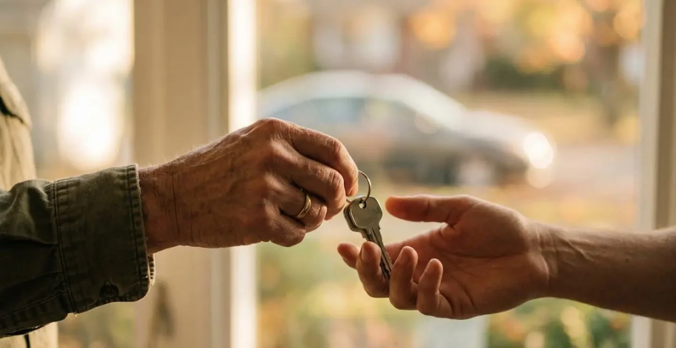 Échange de clés de voiture entre deux personnes symbolisant le prêt de véhicule