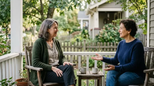 Deux personnes en discussion constructive dans un environnement résidentiel calme