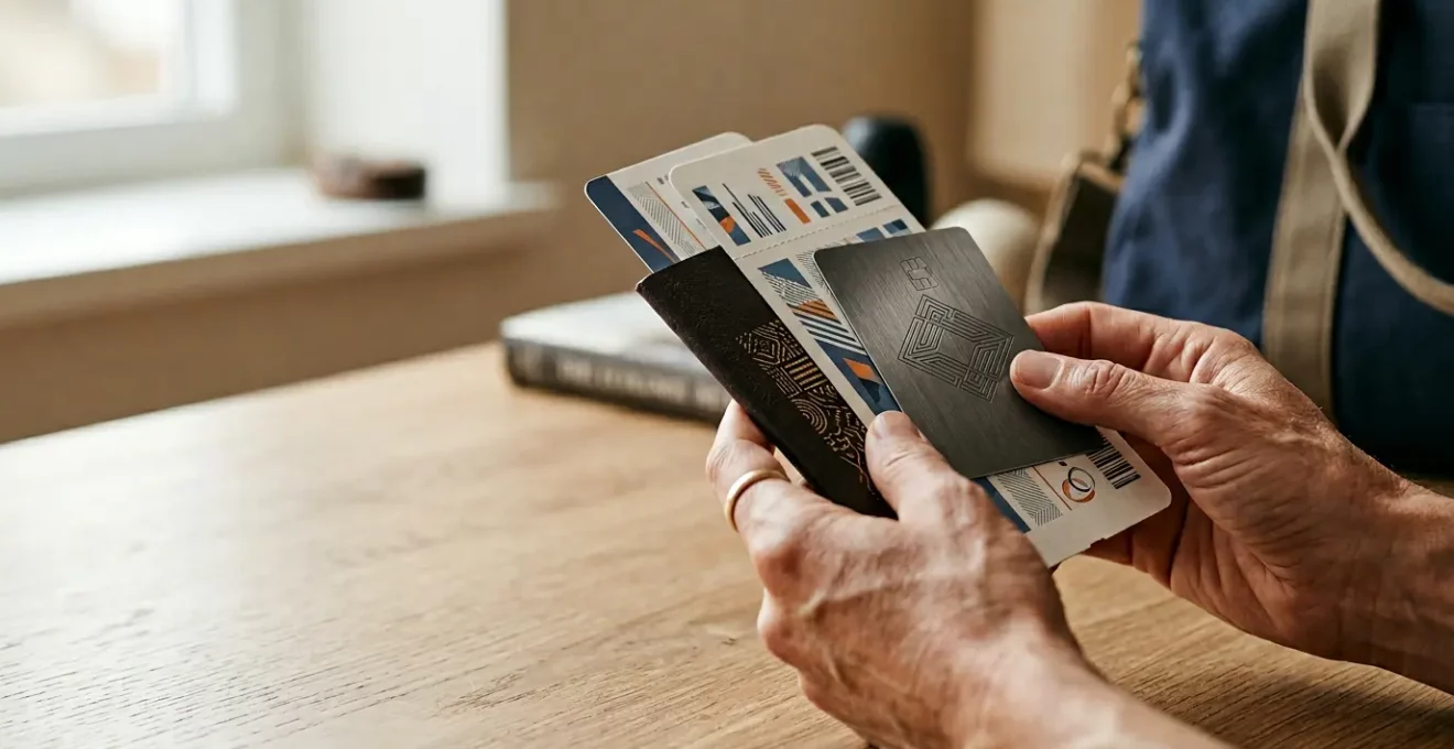Gros plan sur des documents de voyage et une carte bancaire premium dans une ambiance sereine