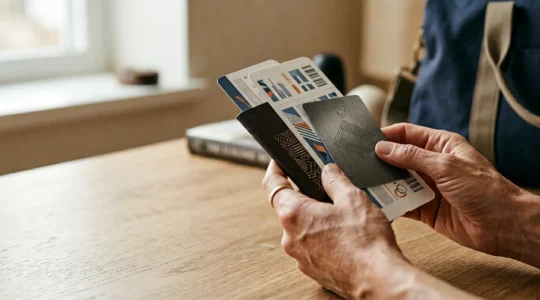 Gros plan sur des documents de voyage et une carte bancaire premium dans une ambiance sereine