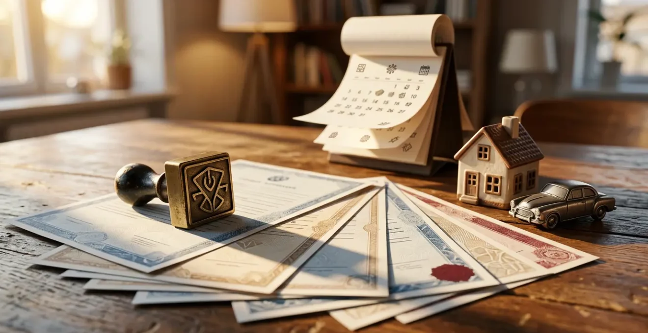 Documents d'assurance habitation et automobile avec calendrier marqué à 12 mois et tampon liberté de résiliation