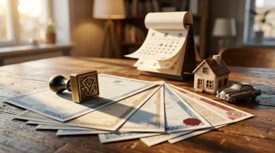 Documents d'assurance habitation et automobile avec calendrier marqué à 12 mois et tampon liberté de résiliation